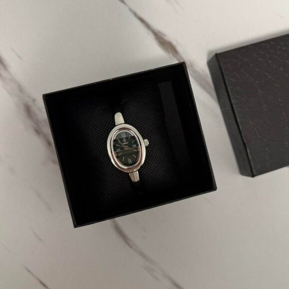 American Vintage Accessories - SKU:0390 Silver dark green Dial watch Vintage‎ inspired bracelet + gift box